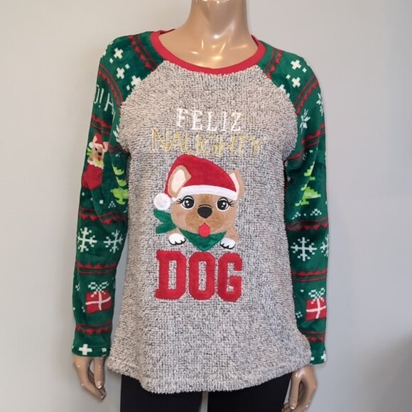 Ugly Christmas Sweater Fleece Feliz Naughty Dog Raglan Knit Pullover Holiday - Picture 11 of 11